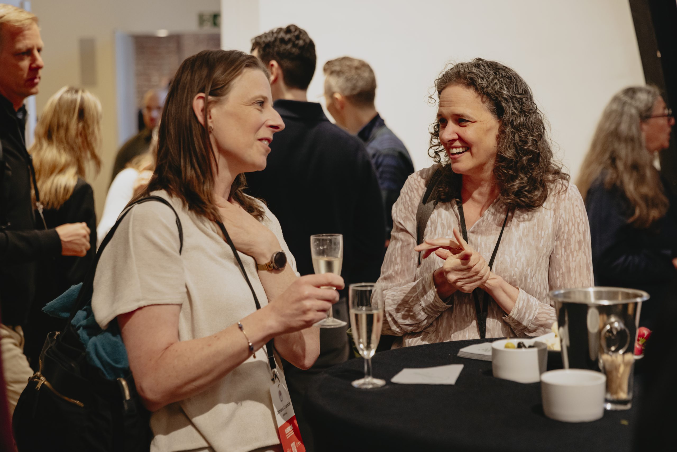 a pair of people talking at the conference